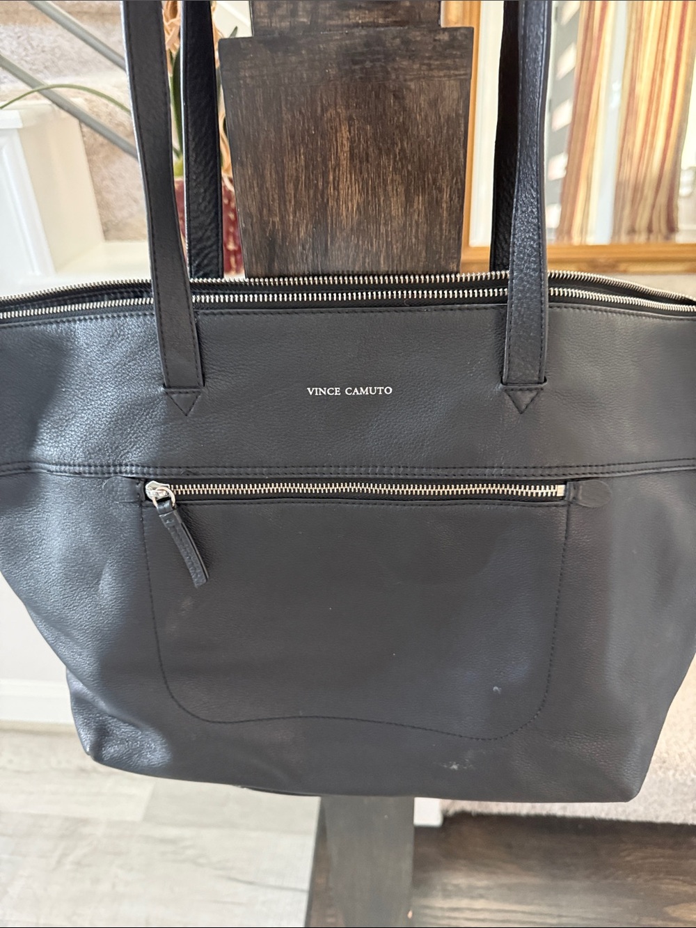 Vince Camuto Black Leather Zip-Front Tote